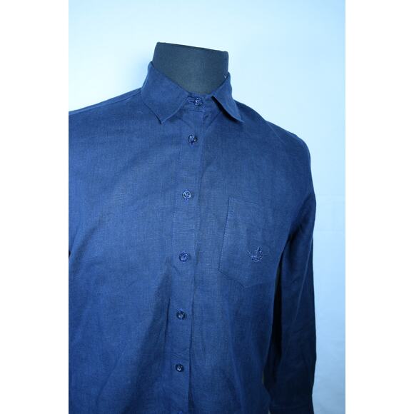 Crown Linen Designs 100% Linen Navy Men's Dress Button Up Shirt Long Sleeve Sz M - Picture 3 of 10